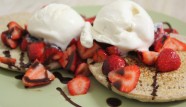 Pancakes with Fresh Strawberries, Chocolate Sauce and Vanilla Ice Cream - all yummy and vegan