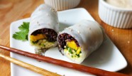 Mango and Forbidden Rice Spring Rolls with Spicy Sweet Orange Sauce and Toasted Almond Sauce