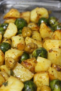 When the potatoes are ready, add in the Brussels sprouts and chestnuts